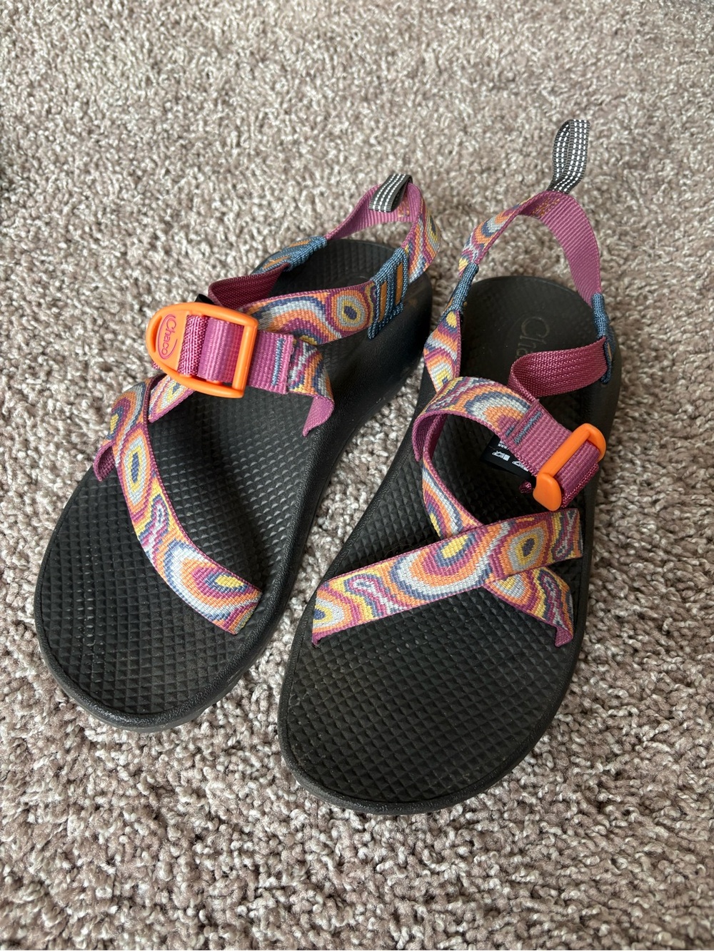 Chaco Kids Gray Footbed Sandals with Pink Multicolor Straps and Orange Buckles